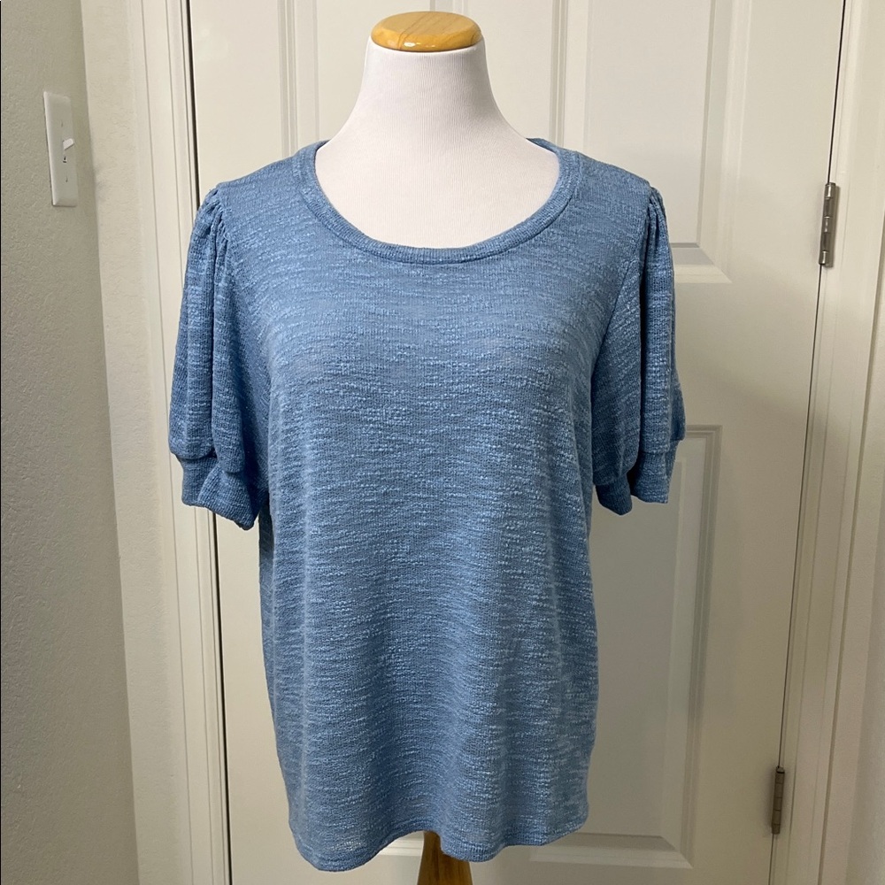 LuLaRoe Eloise Puff Sleeve Top Large 12-14 Dusty Blue Slub Knit Blouse
